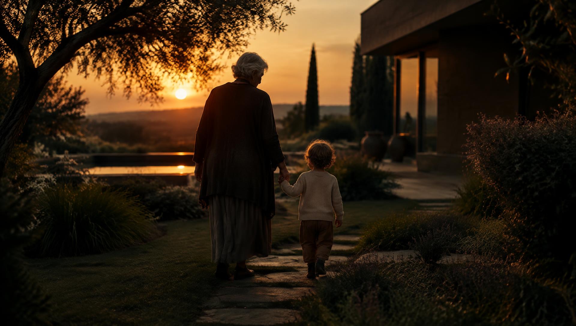 A grandmother and grandchild walking hand in hand through a garden at sunset